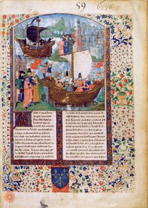 B.N.Ms. Fr 103 f.1 Tristán e Isolda dejan Irlanda; Tristán bebe la poción; los cuerpos de Tristán e Isolda son llevados a Irlanda, traducido por Luce de Gast de French School